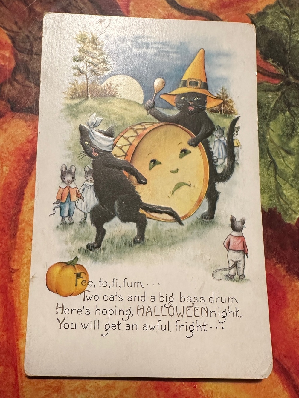 Vintage Antique Halloween Black Cat Drum Illustration Postcard